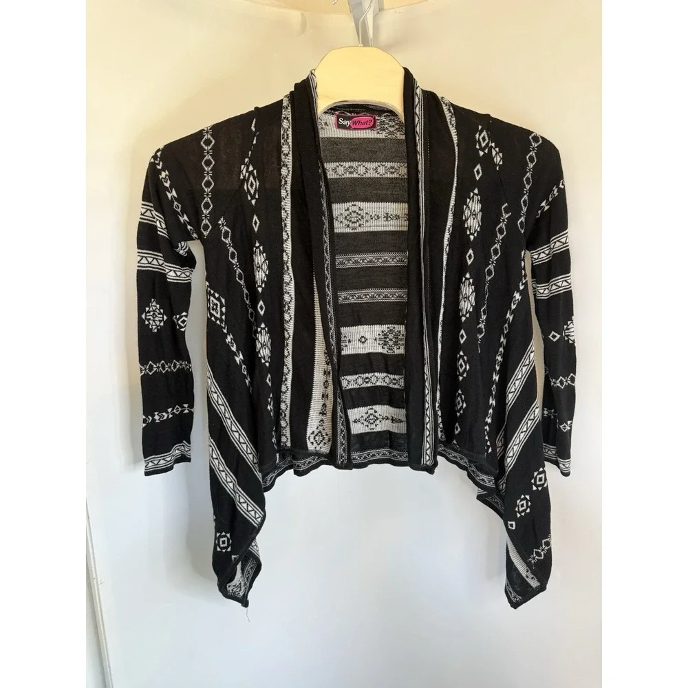 Say What Womens Cardigan Open Front Size S‎ Black And White Diamond Stripe EUC